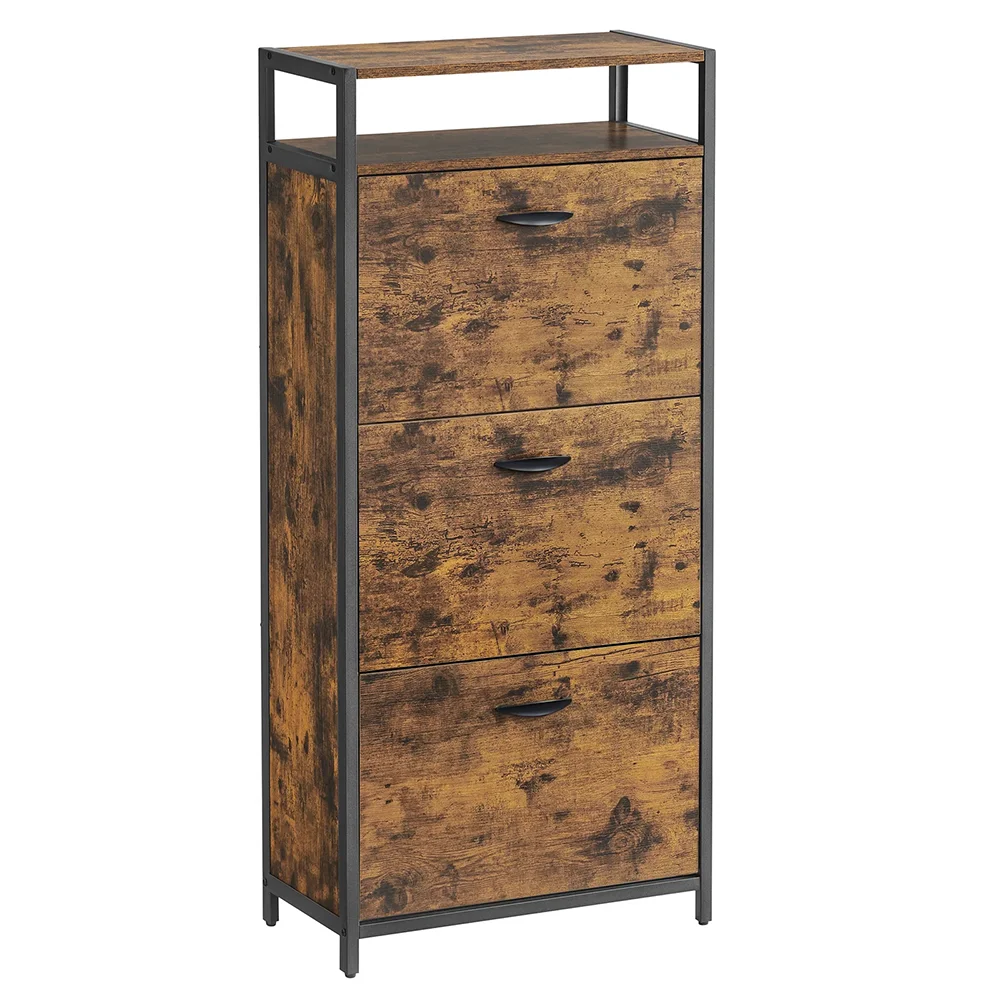 Modern 18-Pair Shoe Storage Cabinet Wood and Metal Design for Home Living Room or Entry Shoe Organizer Rack