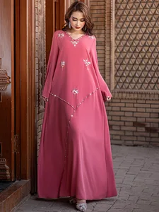 Islamic Clothing Women's Dresses Rhinestone Beaded Lace Sleeve Turkey Dubai Abaya Women Muslim Dress Party Wear Long Dress