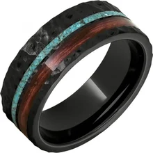 OuYuan jewelry Hammered Black Tungsten Carbide Ring with Wooden and turquoise Inlay Men's Wedding Band Ring