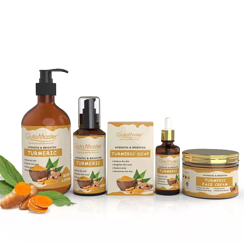 Private Label Skincare Turmeric Face Cream Serum Body Lotion Soap Hyperpigmentation Whitening Turmeric Skin Care Set 