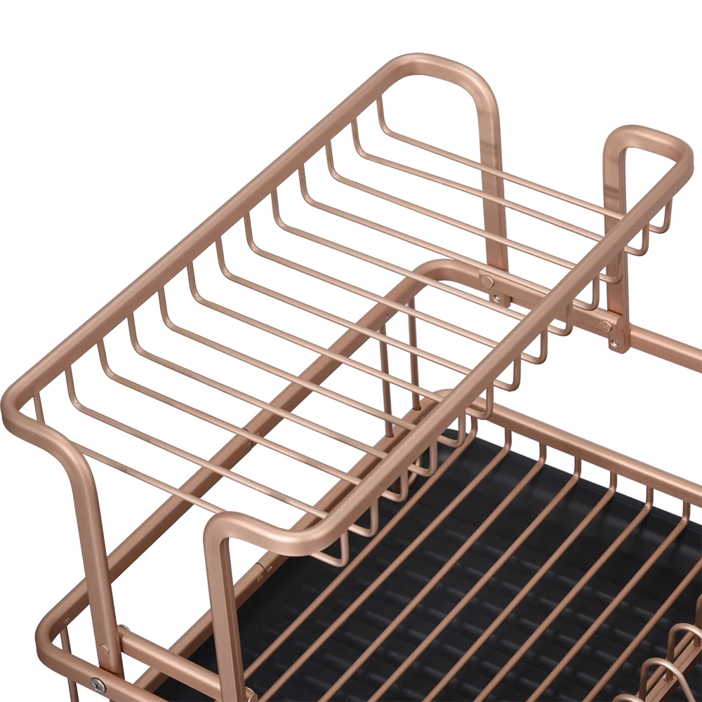 Kitchen Rose Gold Dish Rack Aluminum 2 Layer Dish Rack Organizer With