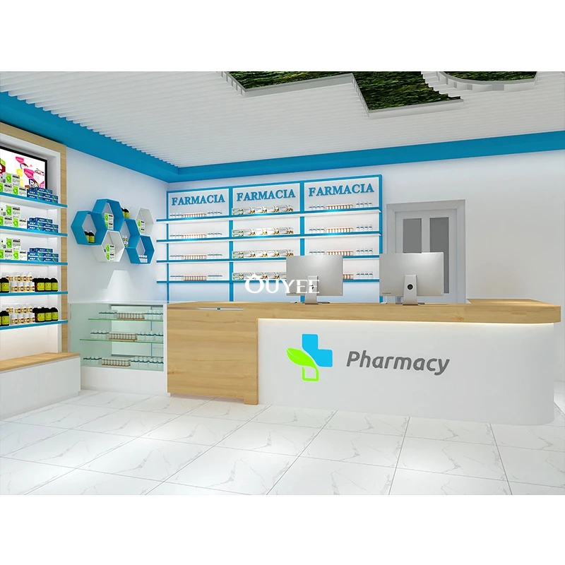 Customized Design 3D Commercial Retail Store Pharmacy Counter for Sale Pharmacy Shop Display Stand Furniture