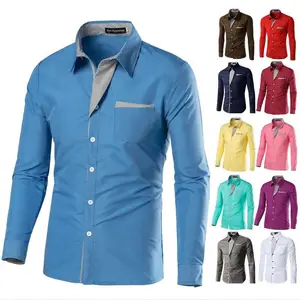 New Fashion Men Spring Autumn Solid Color Contrast Color Button Lapel Long Sleeve Business Tops Blouse Casual Shirt