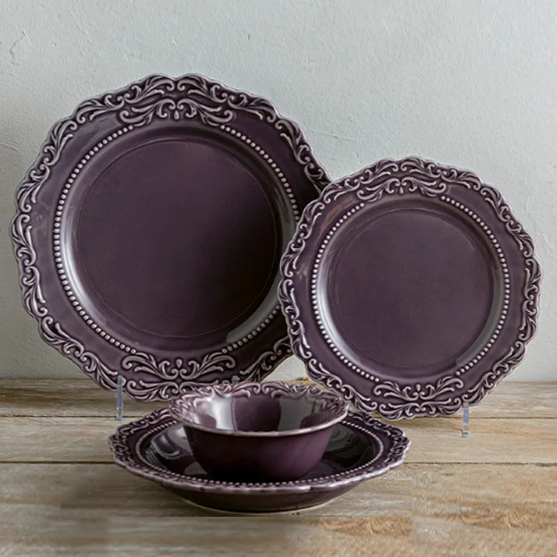 European Retro Ceramic Plate Dining Dish Set Fancy Embossed Purple