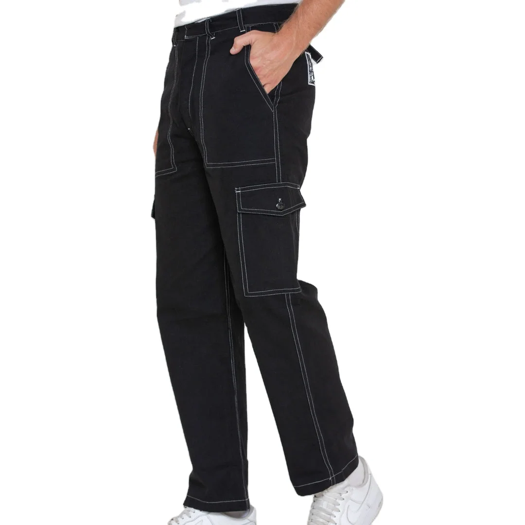 Pantalon cargo large pour homme - Pantalon de travail pour homme - Pantalon de loisirs en coton léger et confortable avec élastique - Multi poches - Jambes larges - Couleur unie