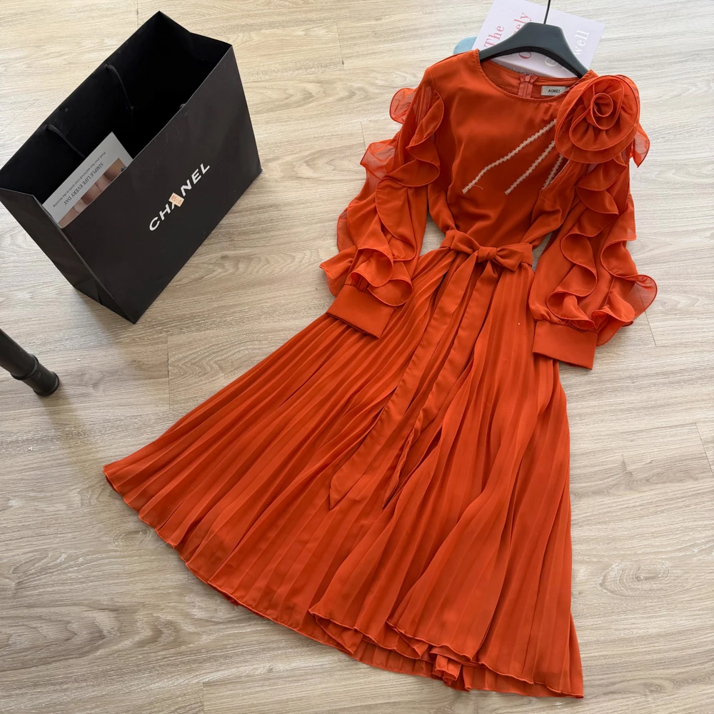 Summer O-Neck Pleated Midi Dress for Women 3D Ruffled Chiffon Vestidos|  Alibaba.com