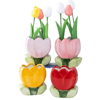 Modern Ceramic Tulip Pen Holder & Elegant Flower Design Mini Vase Dual Function Desktop Decor