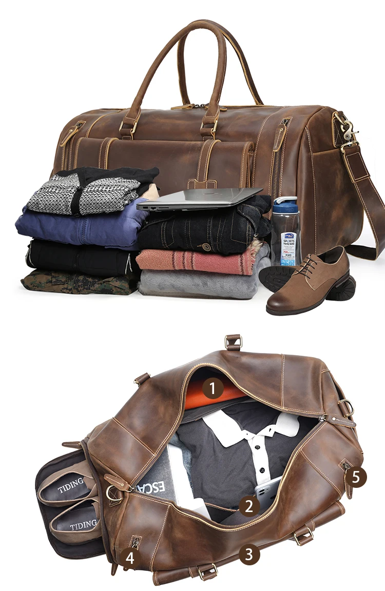 TIDING Drop Shipping Weekender Overnight Holdall Real Leather Travel Duffel Bag With Shoes Compartment
