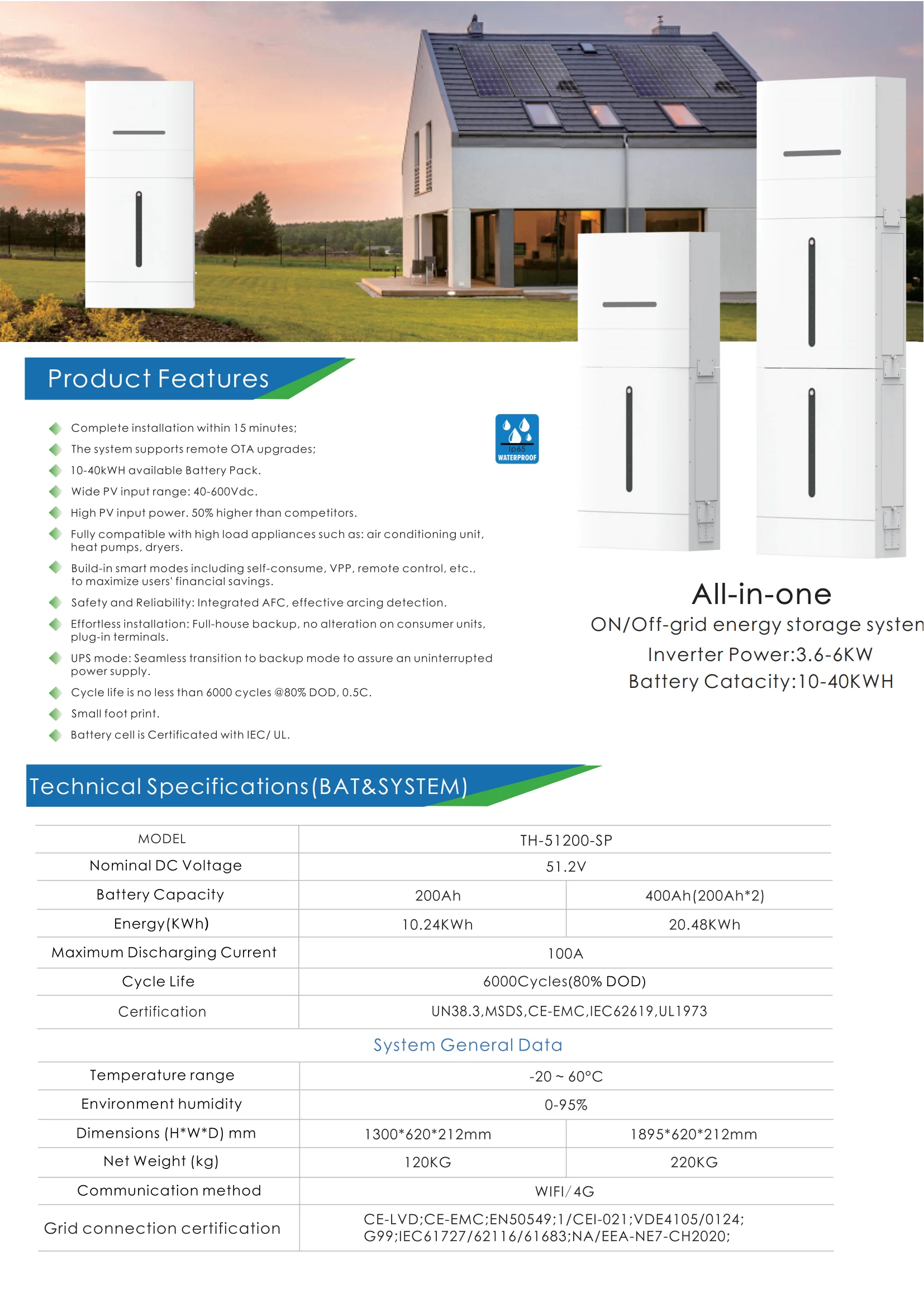 All in One 3 Phase Three Single Battery 5kw 10kw 20kw All-in-one Lithium Ion 5kva Solar Inverter and Lifepo4 Battery System