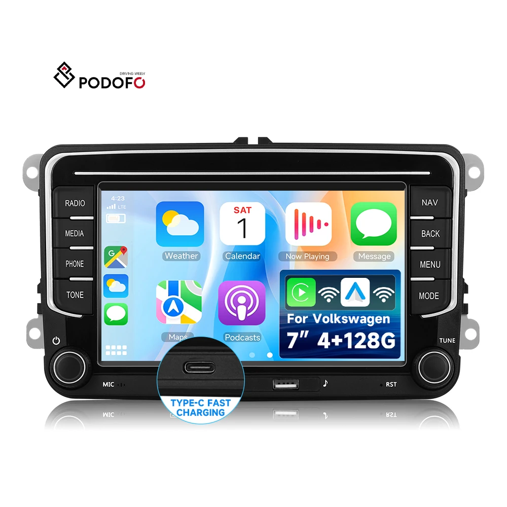 Podofo 7'' Android Car Radio 4+128G Wireless Carplay/Android Auto GPS/WiFi USB Type-C for VW/Seat/Skoda/Passat/Touran/Golf/Polo A4646