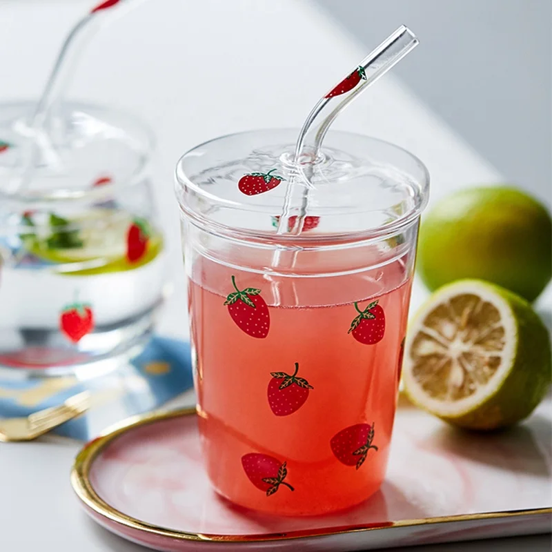 Устойчивая к высоким температурам стеклянная соломенная чашка с клубничным