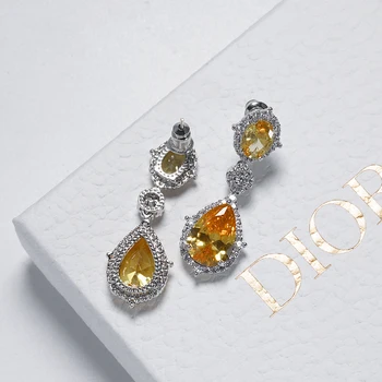 Luxury Vintage Jewelry Gold Stone Silver Plated Zirconia and Diamond Long Drop Earring Women