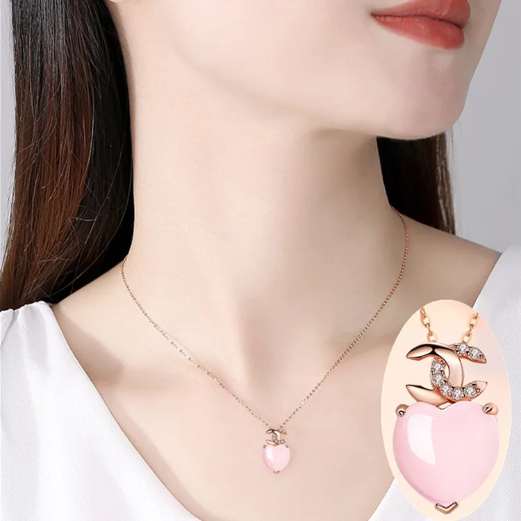 S925 Silver Rose Quartz Cat Eye Crystal Stone Pendant Necklace For ...