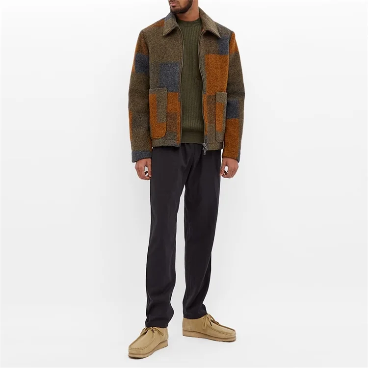 OEM Custom Boxy Fit Check Pattern Front Pockets Color Block Wool Jacket for Men
