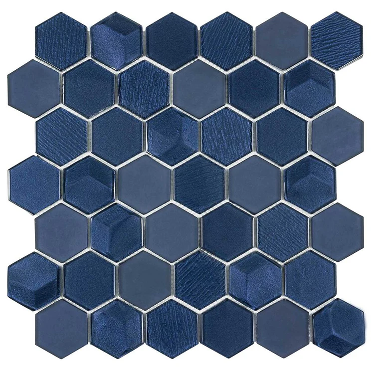 Wall decorative hexagon blue glass tiles adhesive glass mosaic manufacturer