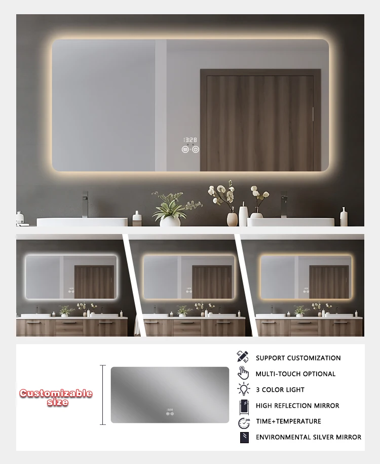 product led illuminated wall mount mirror wall hanging customizable mirror explosion proof bath mirror and power socket-4