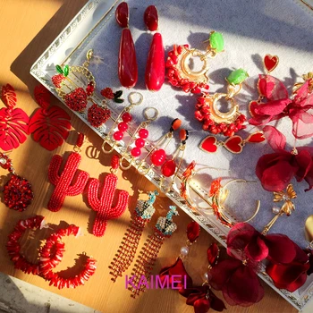 Kaimei 2020 ruby geometric statement earrings women natural stone crystal red drop earrings for women gold earrings jewelry