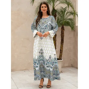 Wholesale New Middle Eastern Muslim Print Slim Long Sleeve Round Neck Robe Dress