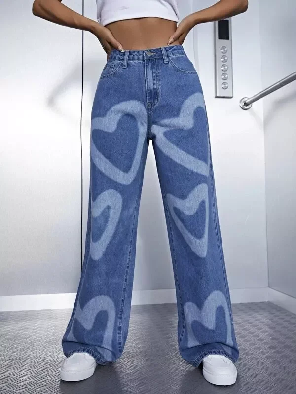 High Waist Heart Print Washed Wide Leg Jeans Vintage Jeans High Quality Loose Straight Jeans