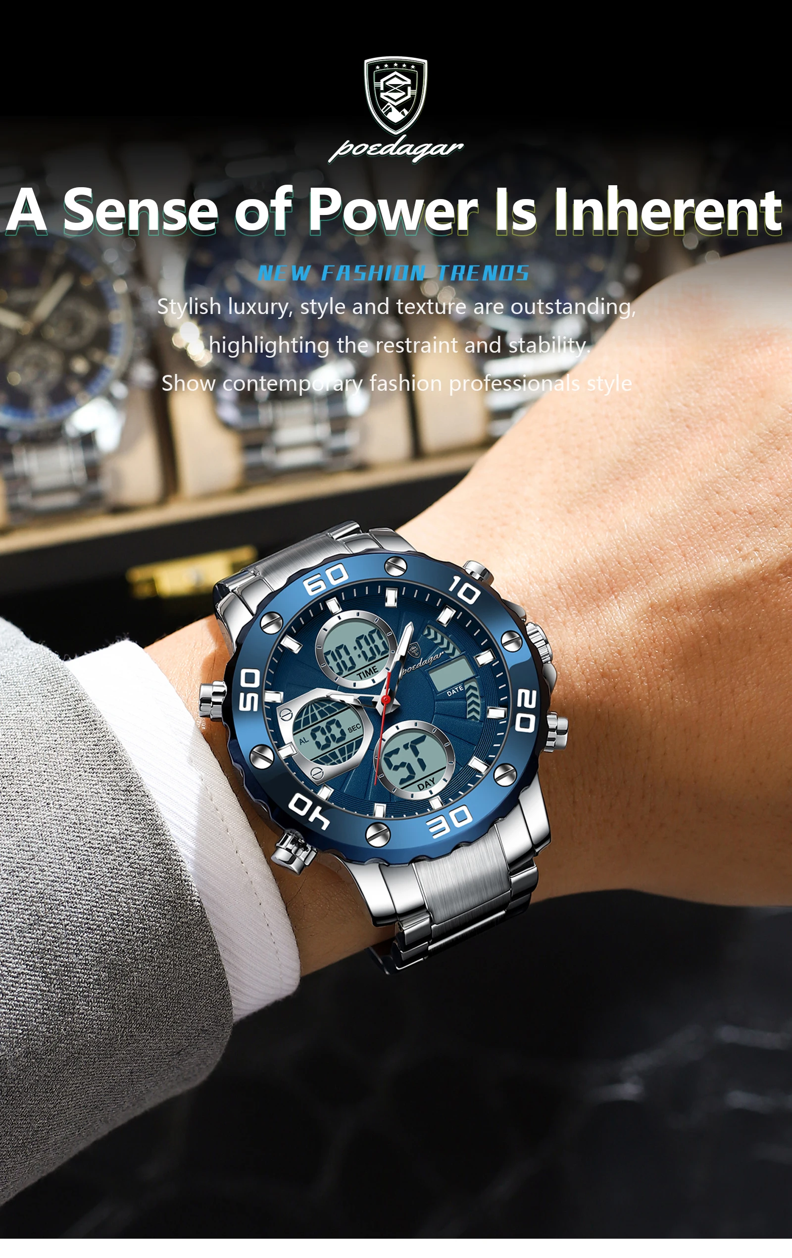 POEDAGAR E102 New Men Fashion Digital Quartz Movement Men Electronic Watches Led Dual  Display Luminous Stainless Watch for Male