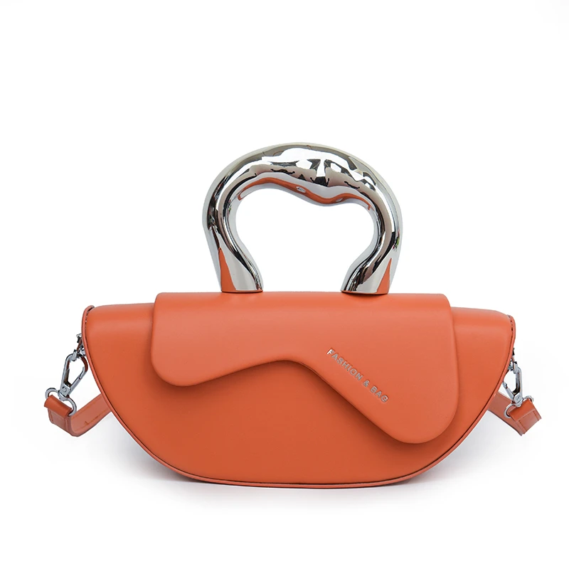 Fashionable Metal Handle Handbag Unique Irregular Design Crossbody Bags for Women Small Pu Leather Purse 2025