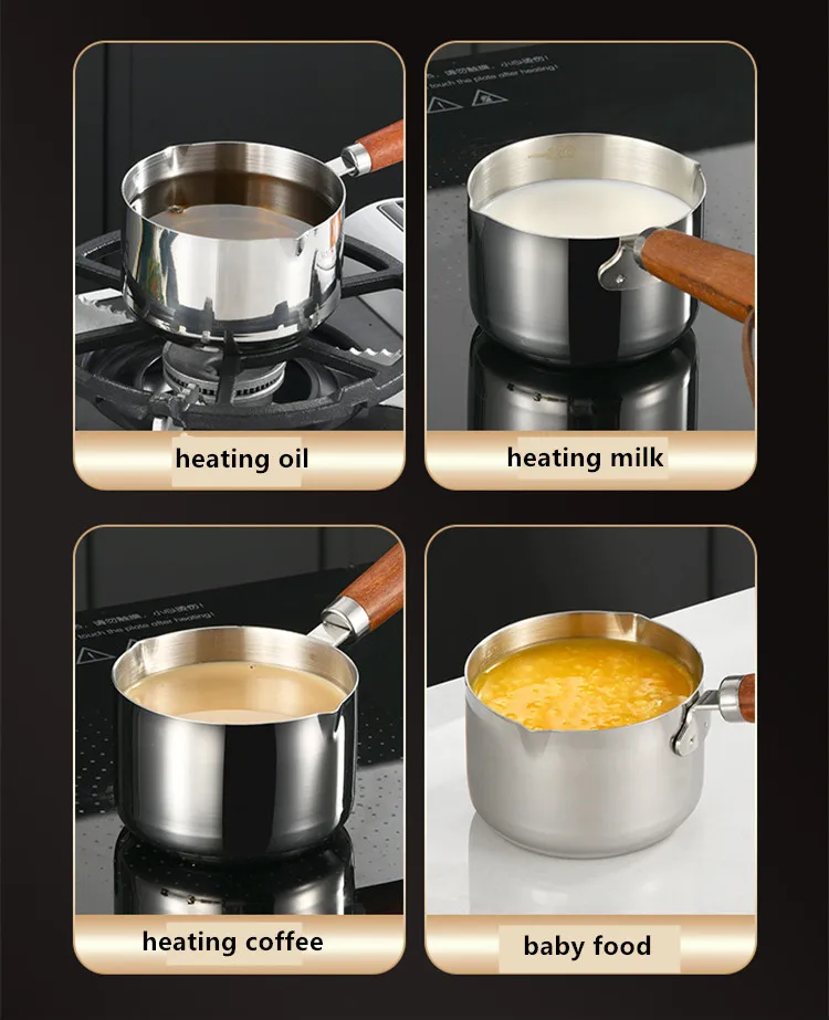 Multifunctional Stainless Steel Preservation Pouring Hot Oil Milk Coffee Wooden Handle Snow Pot 2