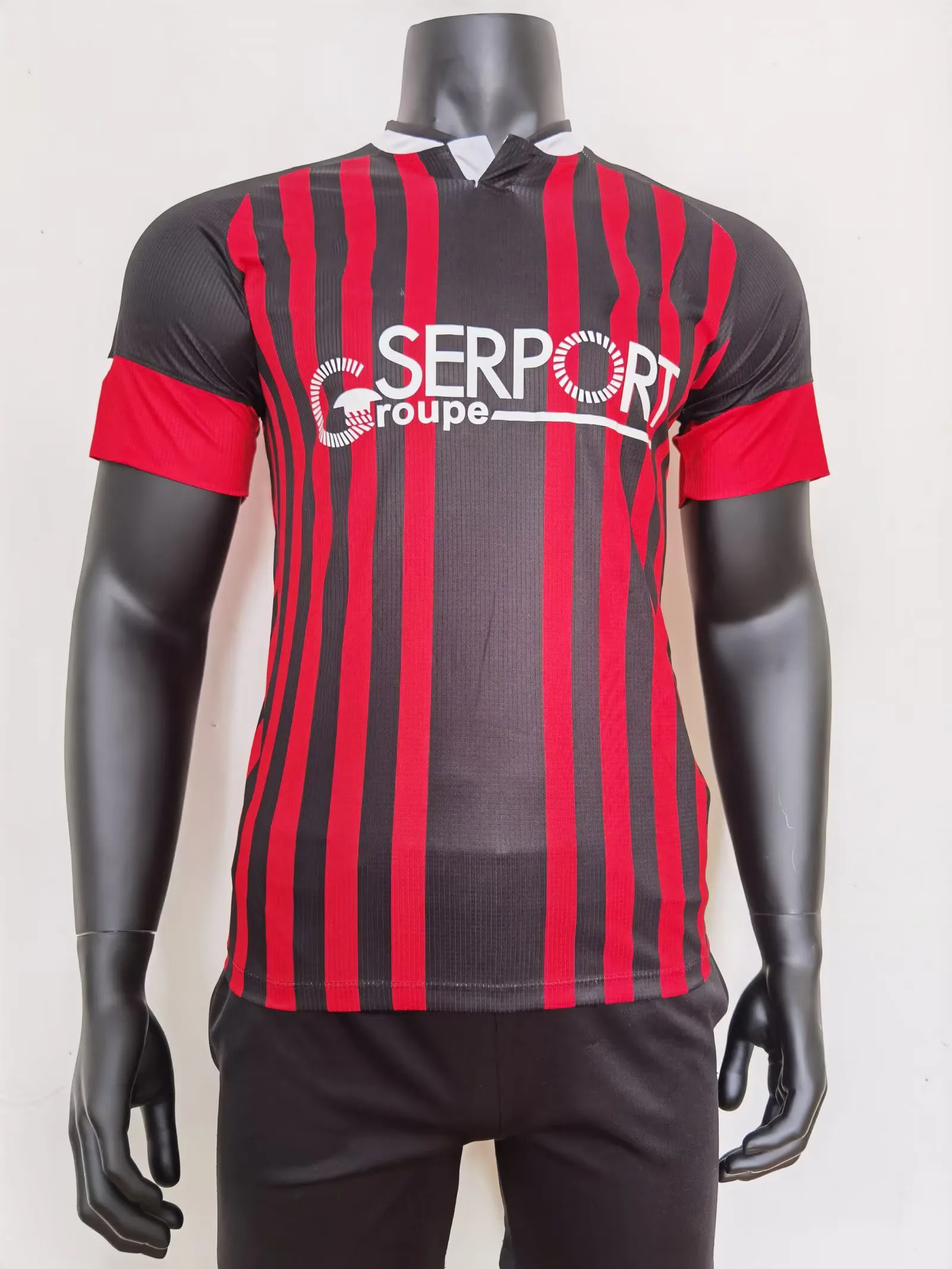 Season Football Shirt Black Silk Red Stripe Quality Men's Football