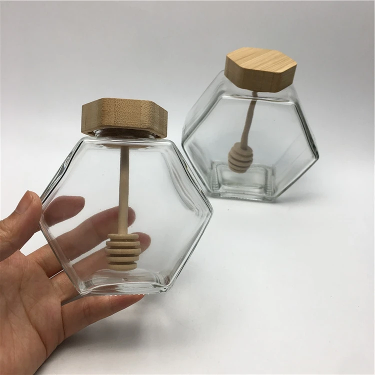 Empty glass hexagon honey jars bulk with dipper lid 220ml 380ml