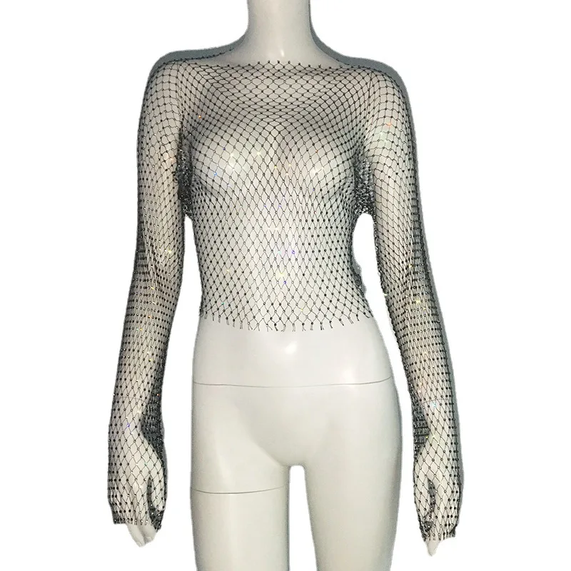New Fishnet Long-Sleeved Top Mesh Rhinestone Hot Girl T-shirt