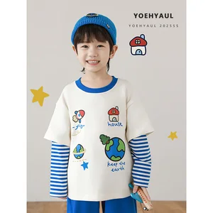 YOEHYAUL N6477 Boys Autumn Earth Series Printed Long Sleeve T-shirt Pants Set Blue Striped Top Tapered Pants Set for Toddlers