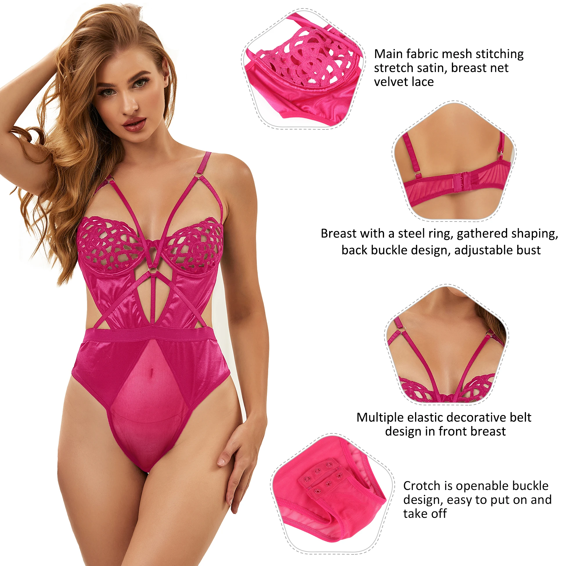 Wholesale 4XL Fuchsia Body Suits Hollow