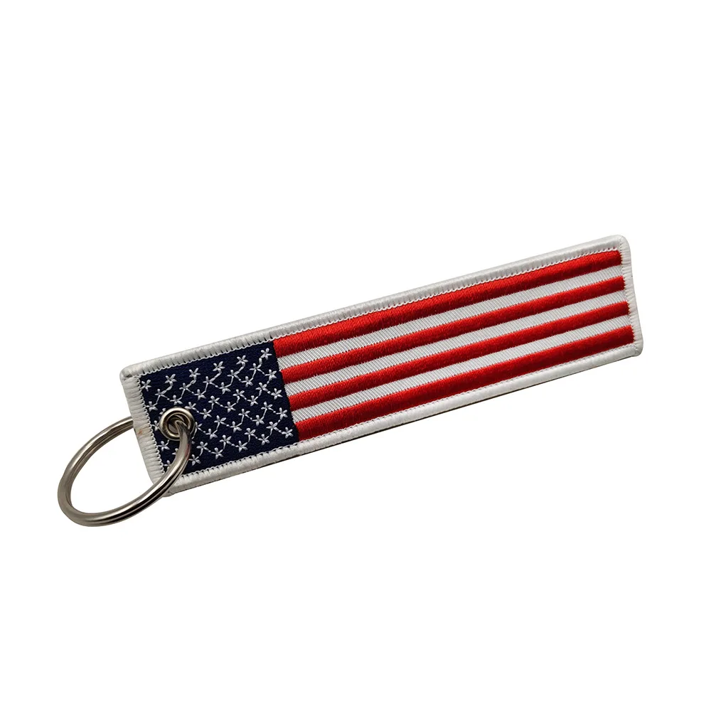 High Quality Custom Double-Sided USA Flag Embroidered Keytag Woven on Alloy Fabric for Promotional Car Accessories Keychains