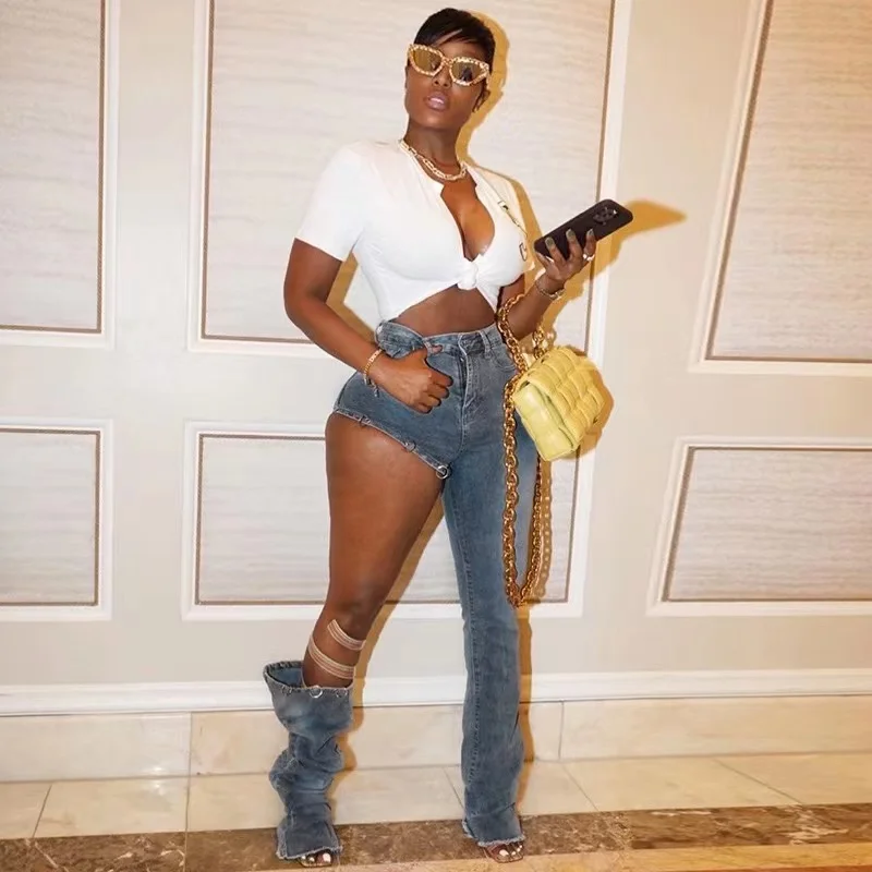 2022 Personality One Leg Stacked Jeans for Women Stylish Half Shorts Half Long Pants Detachable Flare Denim Jean
