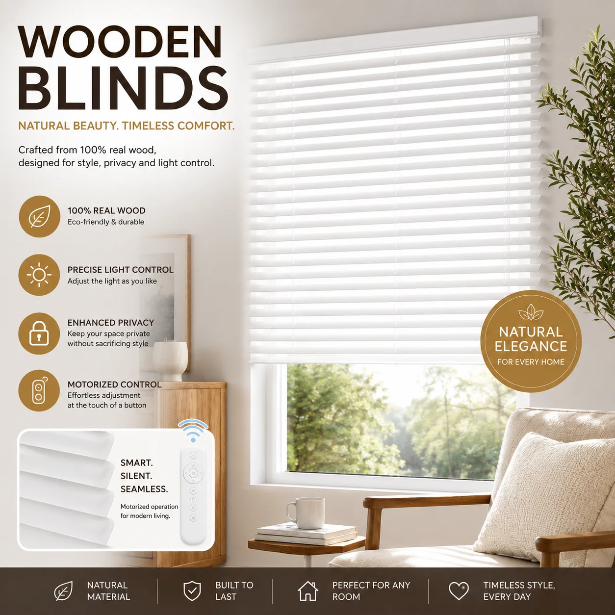 Motorized Wooden Blinds Venice Intelligent Control Motorized Wooden Blinds Cordless Suitable for Villas, Hotels, Offices, Homes