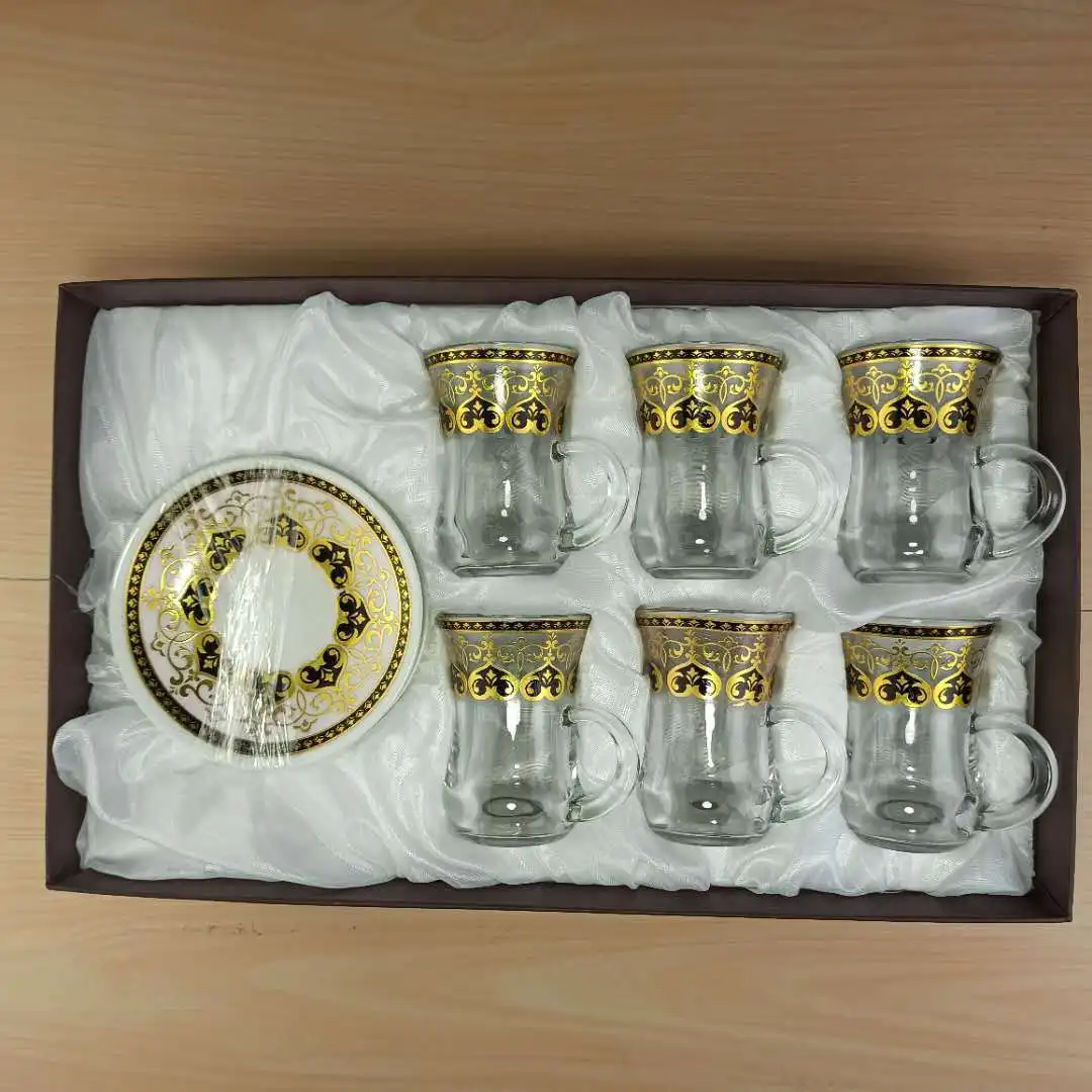 Arabic Coffee Set Gold Drawing Tea Mug Glass Cup and Saucer Set Ethiopian Coffee Cup Set