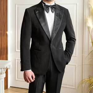 Men's 2 Pieces Slim Hand-embroidered Beads Black Banquet Groom Single-breasted Peaked Lapel Double Vents Suit Set for Men