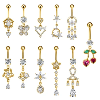 10Pcs/Set Stainless Steel Flower Belly Piercing Set 14G Butterfly Belly Button Ring 16K Gold Plating Sexy Lady Puncture Dangle