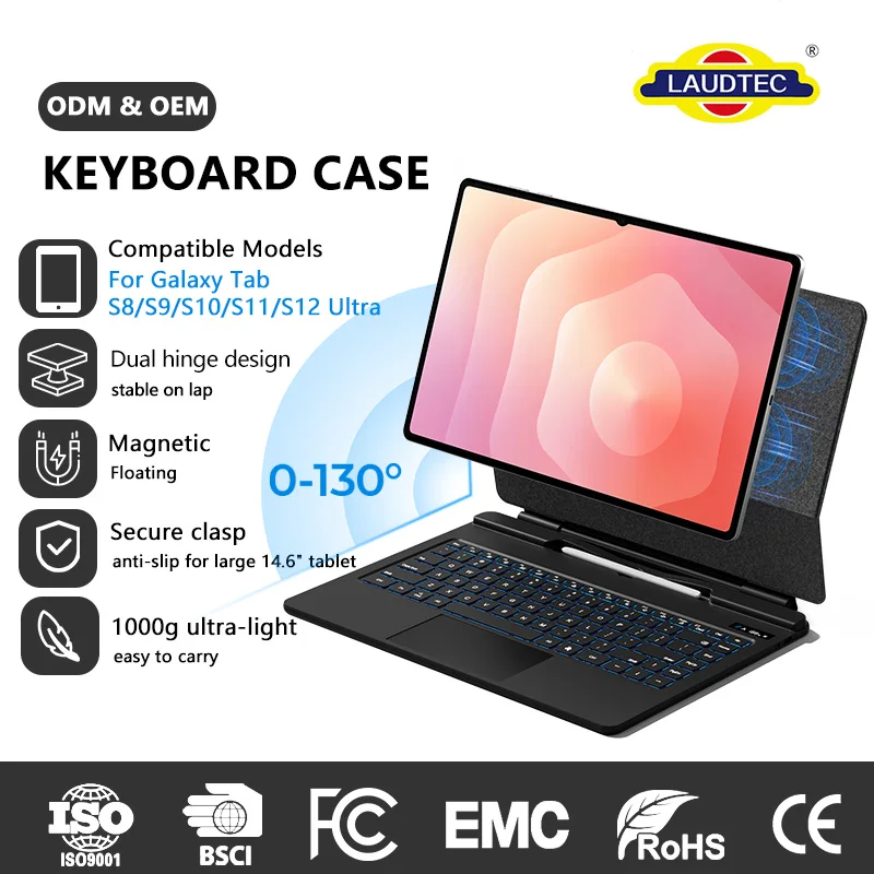 Premium Keyboard Case for Samsung Galaxy Tab S12 S11 S10 S9 S8 Ultra 14.6 Inch PU Leather Wireless Folio with Touchpad & Backlit