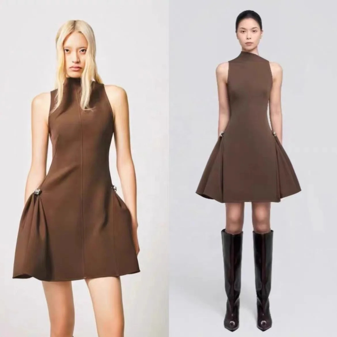 2024 Women Advanced Sense of Metal Buckle Symmetrical Pleated Sleeveless Short Dress Design Sense Niche Waist Dress