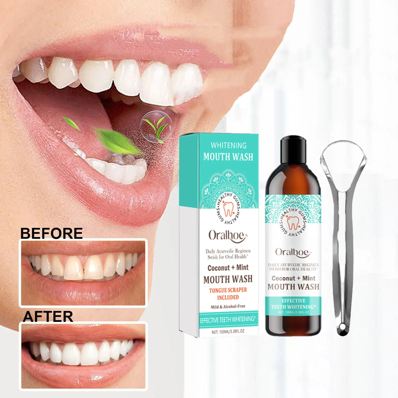 Wholesale Dental Mouthwash + Tongue Scraper Whiten Teeth Yellow Coating Clean Fresh Breath Oral Care 100ml