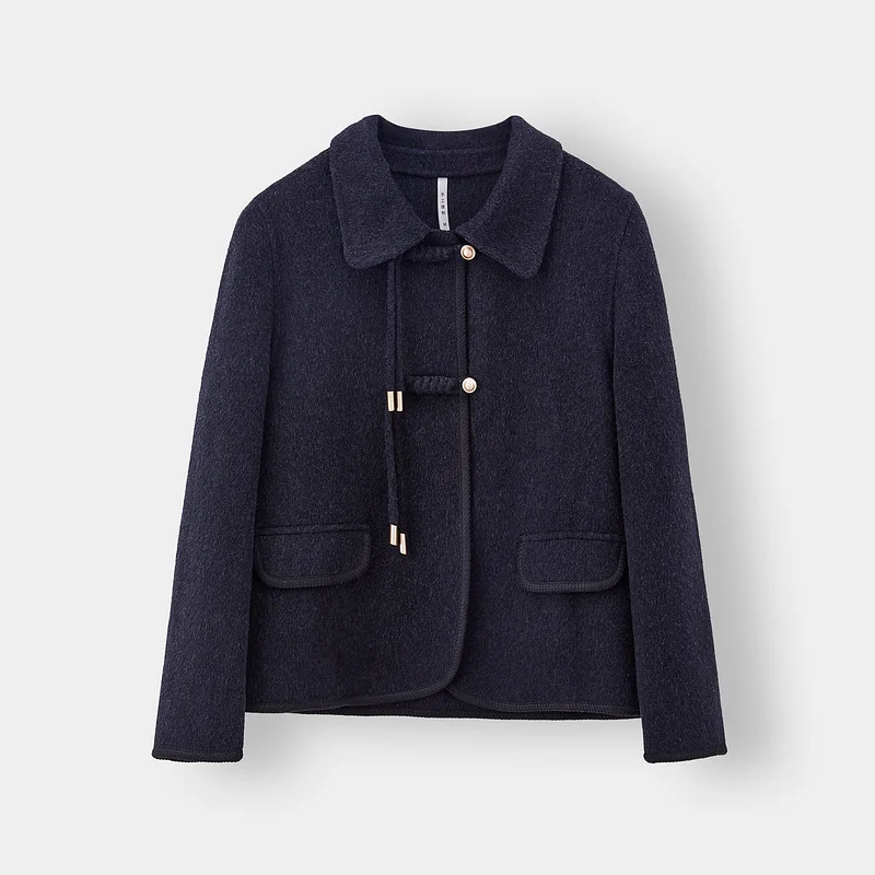 Women's Vintage Double Sided Wool Coat High End Fall Winter Casual Long Coat with Small Lapels Nylon Lining Sheep Fur Decoration