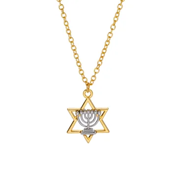 Unisex Stainless Steel Star David Menorah Pendant Necklace Religious Hebrew Israel Faith Lamp Hanukkah Menorah Jewelry Men Women