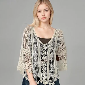 Summer New French Style Niche V-Neck Hollow Crochet Chiffon Cotton Loose Breathable Casual Solid Sun Protection Blouse Bell