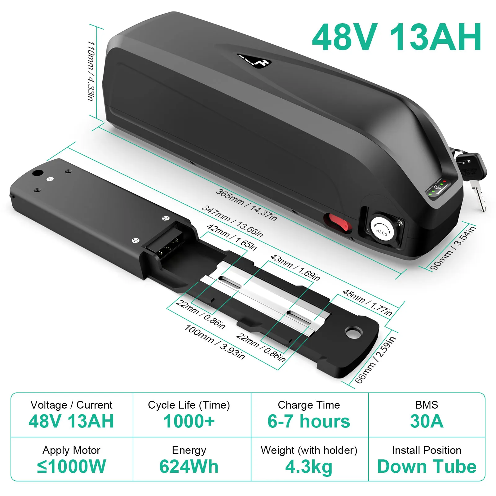 Batterie Vélo électrique QmEna 48V 100Ah – Lithium 13S3P, 1000 Cycles, Chargeur 54,6V 2A Inclus, étanche, T Plug