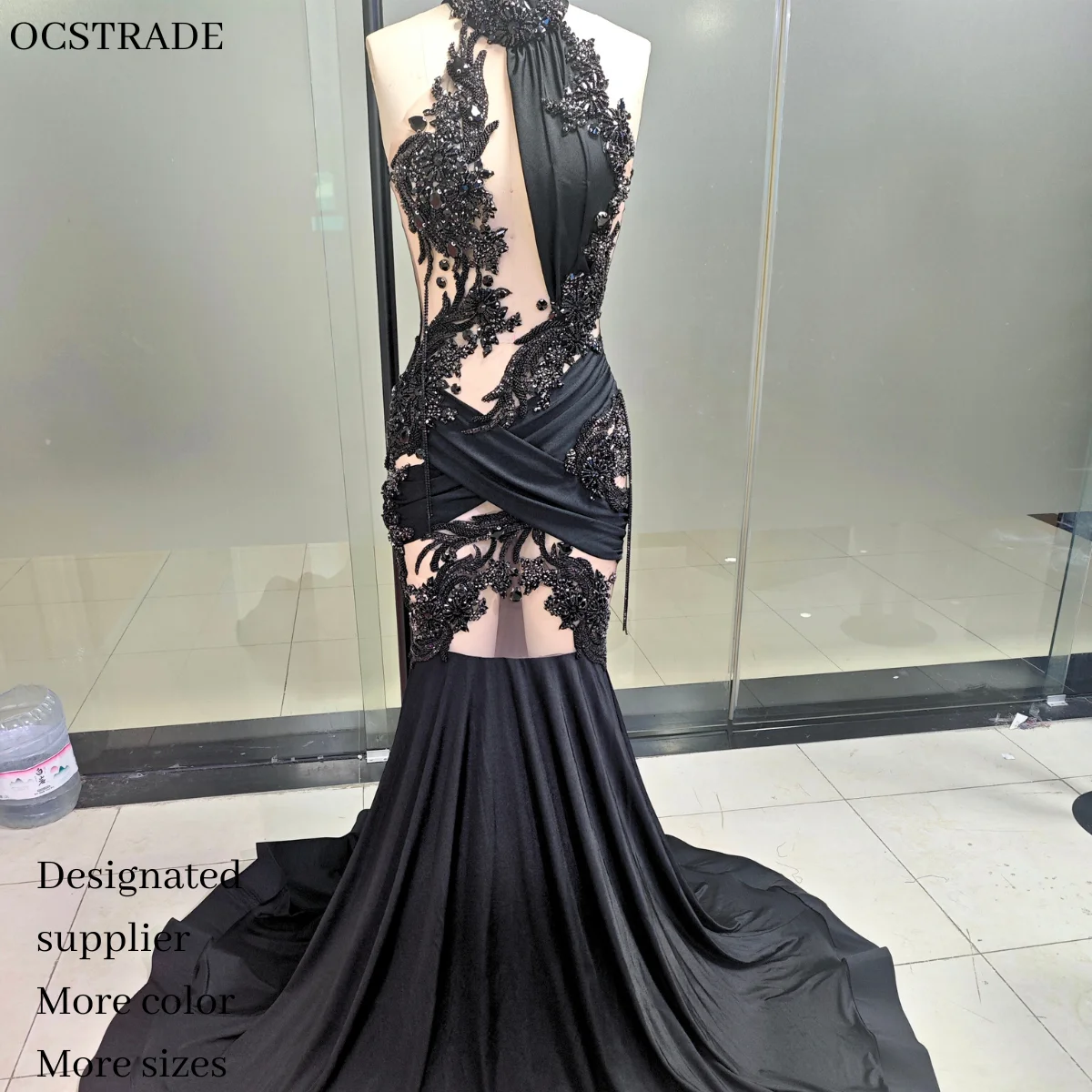 Ocstrade Luxury High Neck Cut Out Rhinestone Birthday Dress For Women Diamond Black Gowns For Women Prom Evening Dresses Elegant