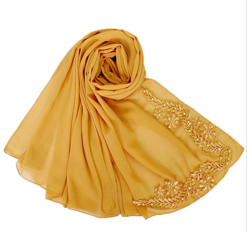 Wholesale Non-transparent Thick Headscarf Solid Color Womens Head Wrap  Scarves Beading Design Bubble Chiffon Hijab Scarf