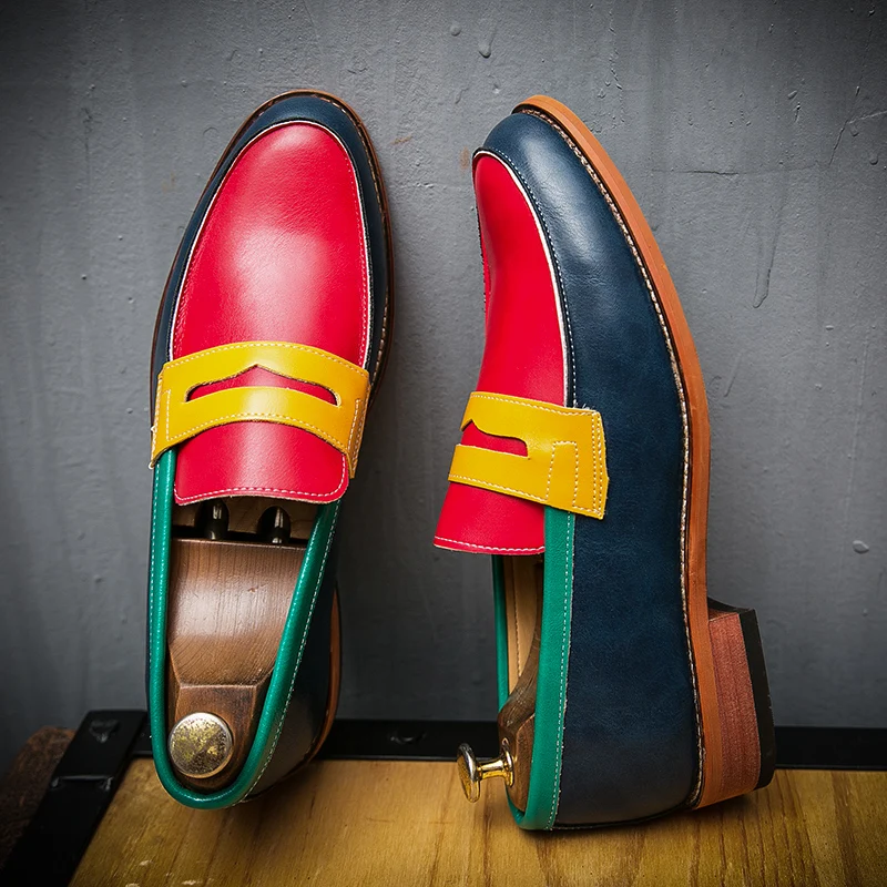 Slip on Round Toe Stitching Colorful Design Flat Loafers Men Casual Formal Shoes