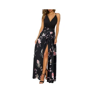Women's Autumn Summer Floral Maxi Dress off Shoulder Boho Split Beach Sundress Wool Floor-Length Digital Printing Vacation