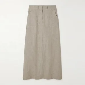 Clothing Manufacturer Custom Spring Summer Khaki High Waisted Women Office Linen Maxi Skirt