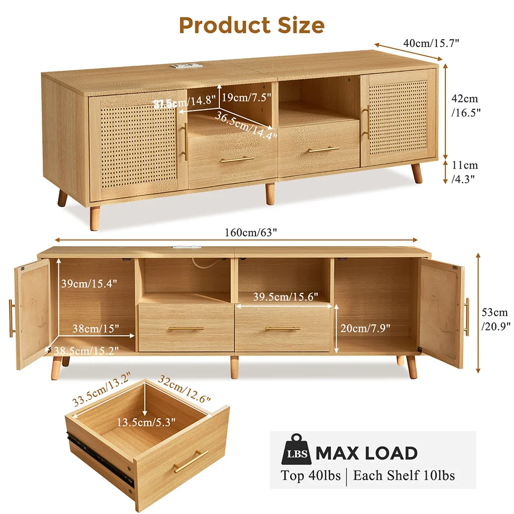 Large Modern MDF TV Stand 75\" LED Light Charging Station Coastal Media Console Rattan Door Multimedia Storage Furniture 2 manufacture